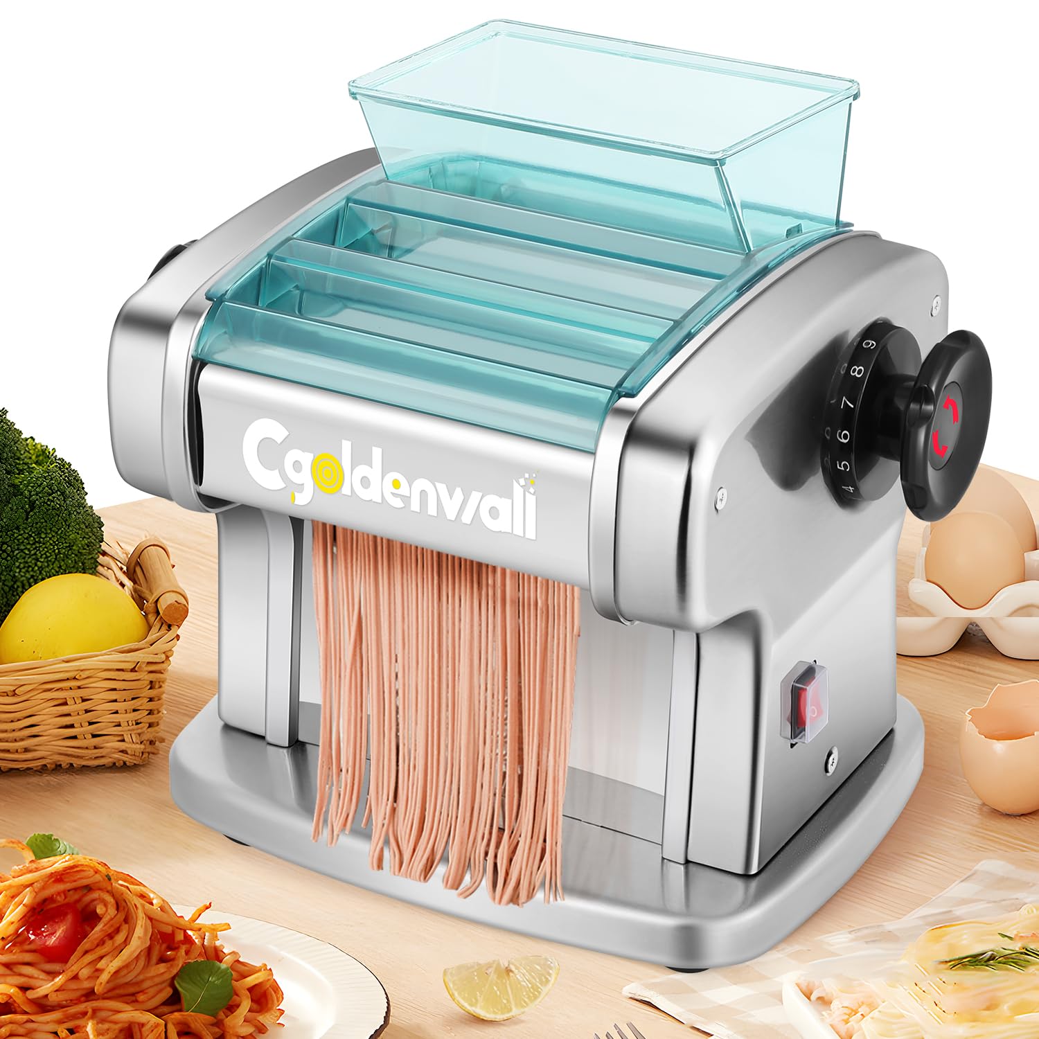 CGOLDENWALL Macchina per Pasta Elettrica, 135W Motore con 2 Lame (2.5mm/4mm) e 9 Spessori Regolabili 0.5-5mm, Scudo in ABS, Acciaio Inox per Tagliatelle Fresca Fatta in Casa