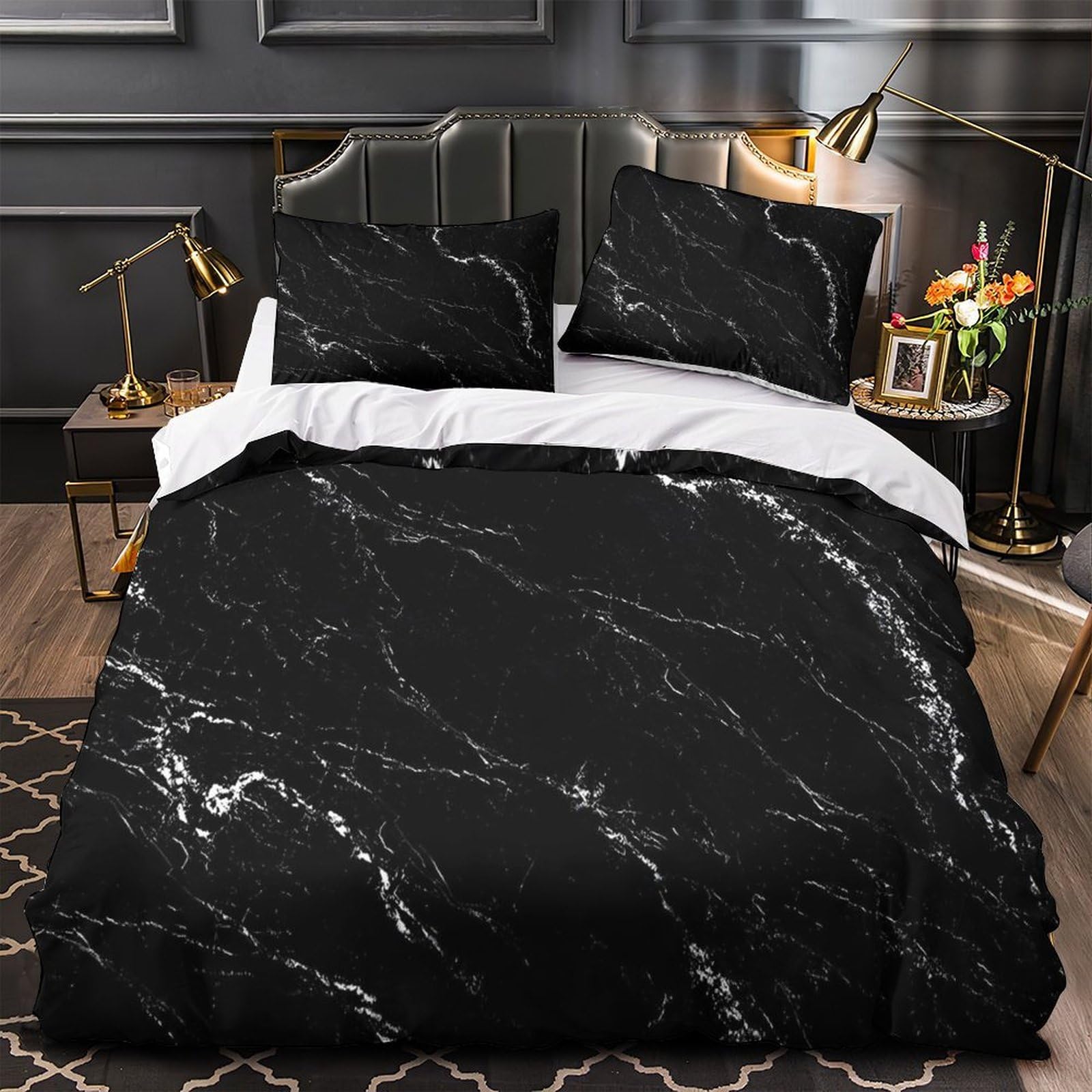 Parure de lit marbre noir 3 pièces 260x220cm hypoallergénique pour lit super king