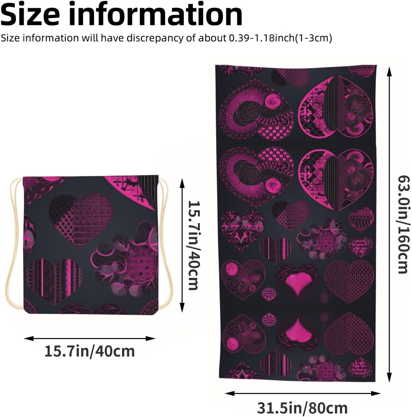 2 in 1 Packable Towel Bag,Soft Absorbent Pool Towels Backpack Quick Dry Lightweight Beach Towels Pink Heart Collection Drawstring Bag for Travel Camping Sports Picnic image 3