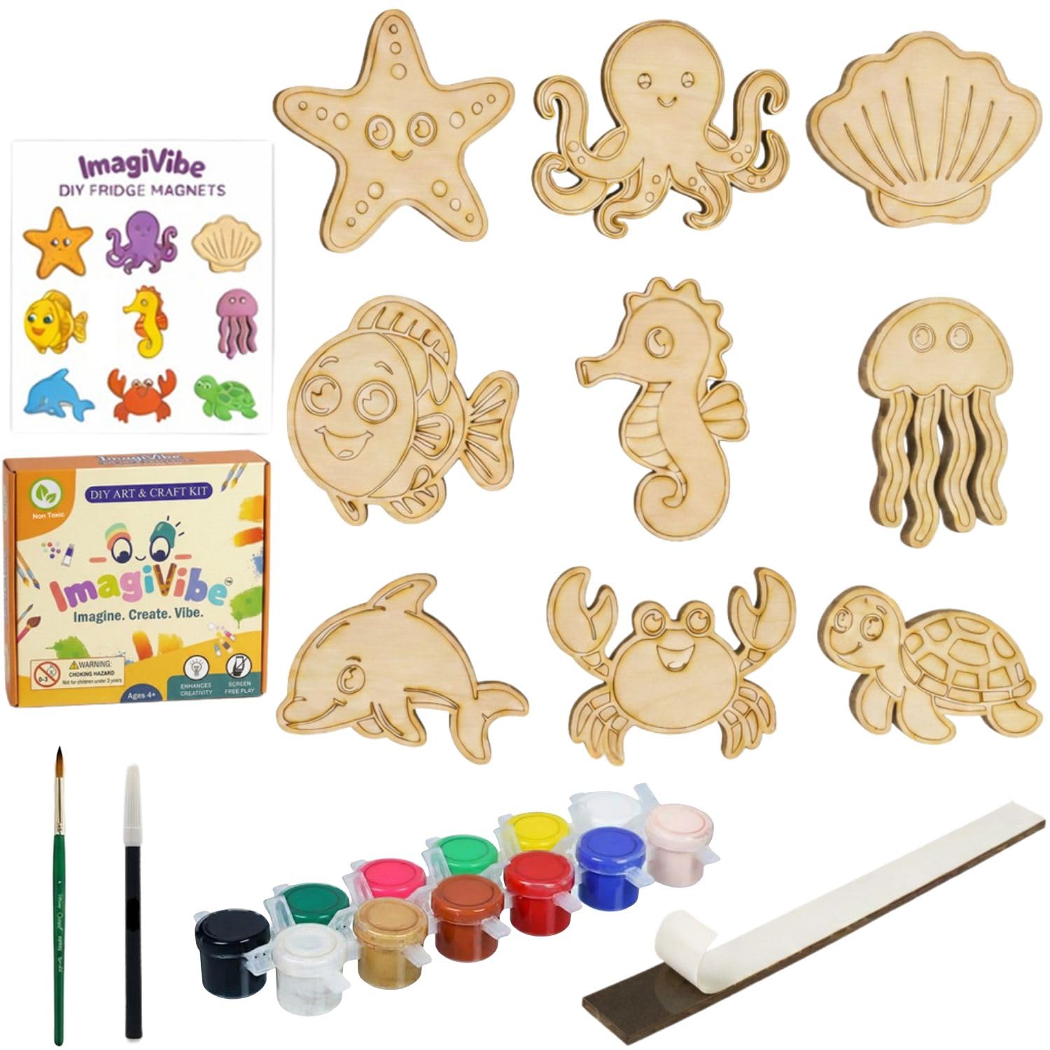 ImagiVibe Paint Your Own 12 Sea Creatures Fridge Magnet DIY Kit for Kids | Ocean Theme MDF Painting Craft Set | Creative Art & Craft Activity | Made in India (Sea Creatures)-picture-33