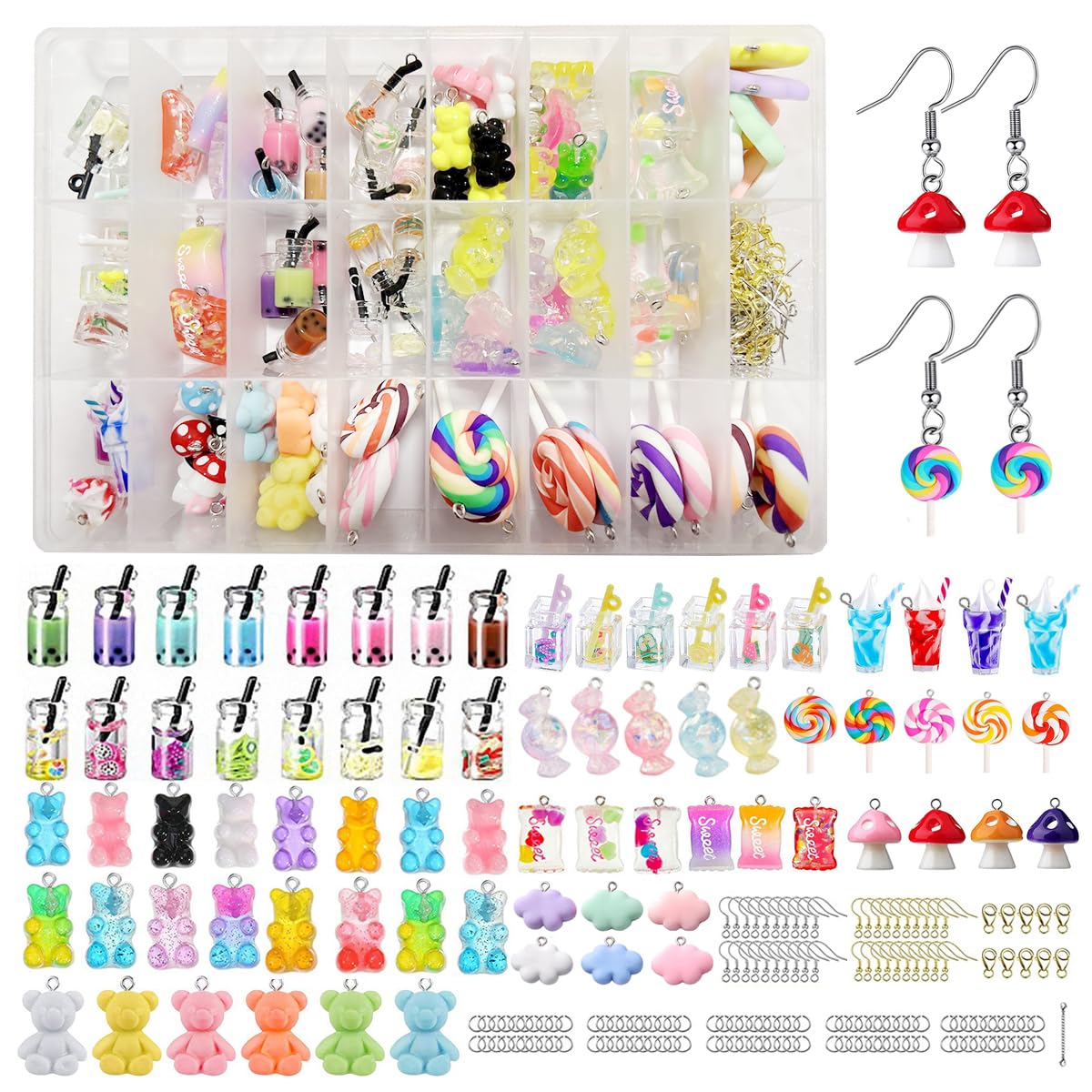 TRUBUY Set di Ciondoli, 100 pezzi in Resina Bubble Tea Mushroom Bear Crafting con 151PCS Accessori Fai Da Te per Orecchini Bracciali Collane Portachiavi e Creazione di Gioielli
