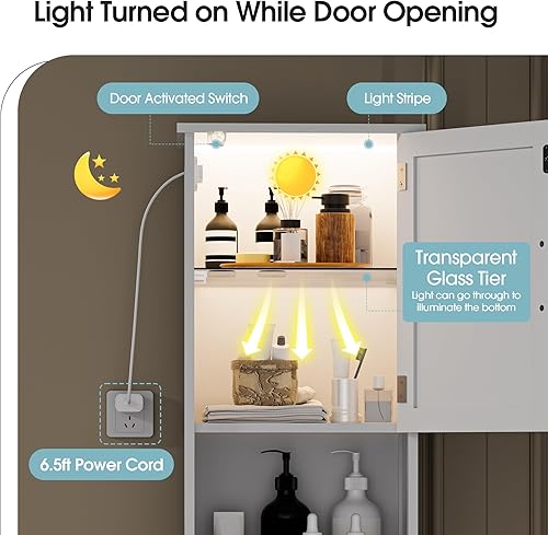 Miniatura 4 de Onelike Armario de almacenamiento de baño de 67 pulgadas de alto con luz, 16 pulgadas de ancho, angosto, delgado, independiente, con puertas y