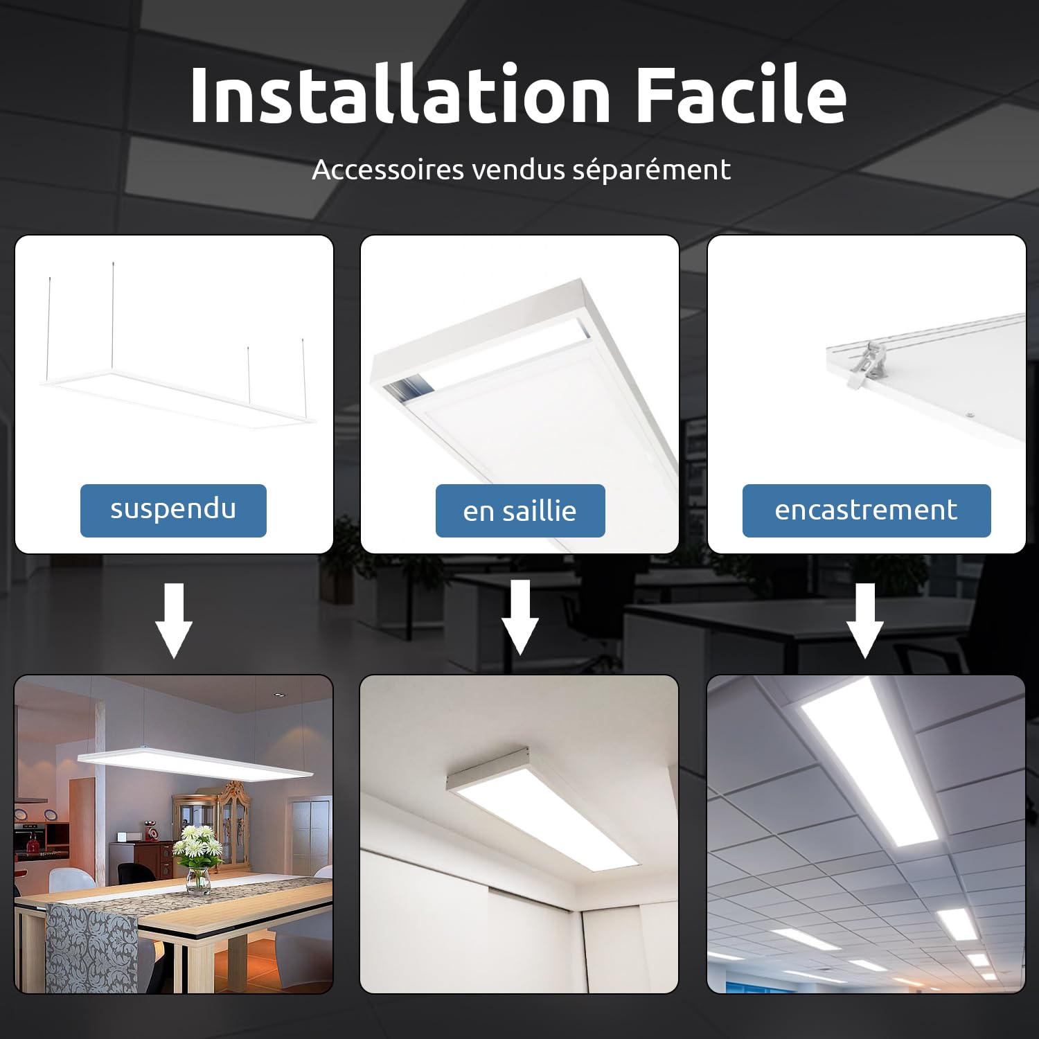Europalamp - 6 Dalles LED 120x30 cm 40W - Lumière Blanc Froid 6000k 3600Lm Haute Luminosité - Diffuseur Réducteur d'Éblouissement et d'Inconfort - Adaptation aux Faux Plafonds Sans Modification