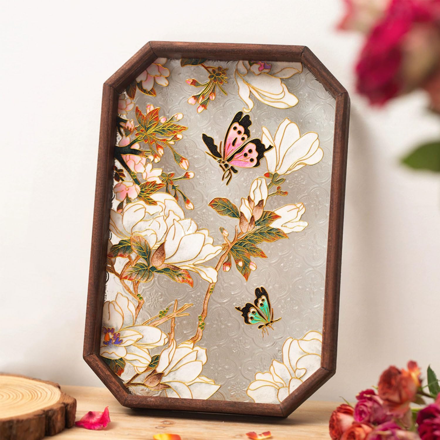 Cloisonne Enamel Painting DIY Kit for Adults Beginners, Butterflies Flowers Pattern Filigree Glass Serving Tray, Home Decor, Chinese Intangible Cultural Heritage