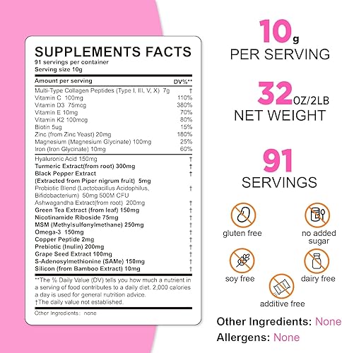 Miniatura 2 de Péptidos de colágeno en polvo 25 en 1, 2 libras (91 porciones)  0.35 onzas de tipos I II III V X + biotina, vitamina C, ácido hialurónico, D3, K2 y