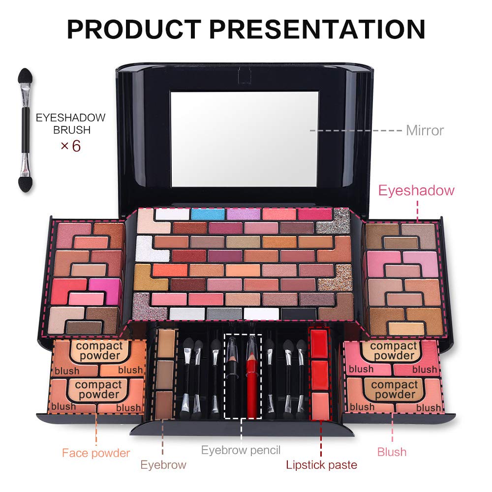 All In One Professional Makeup Kit Include Shimmer Matte Glitter Eyeshadow Palette Blushes Compact Powder Eyebrow Powder Lipcream Lipliner Pencil Eye Brow Pen& Sponge Brushes with Mirror Full Highly Pigmented Make Up Set Colorful Gifts For Women Cosmetics Combination Pallet