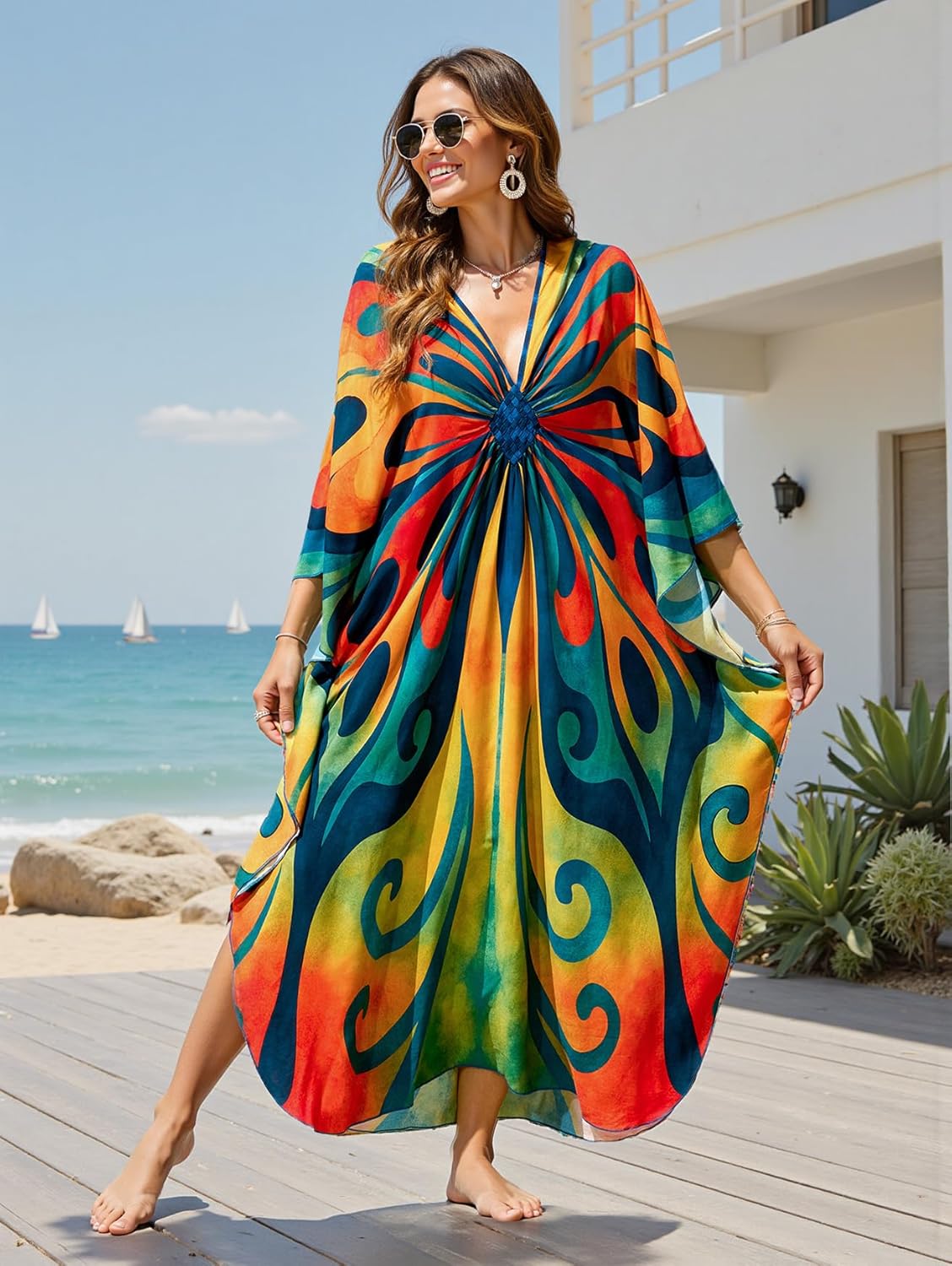 Kaftan Dresses for Women Plus Size Caftan Swimsuit Cover Up, Boho Beach Dress with Batwing Sleeves - Image 2