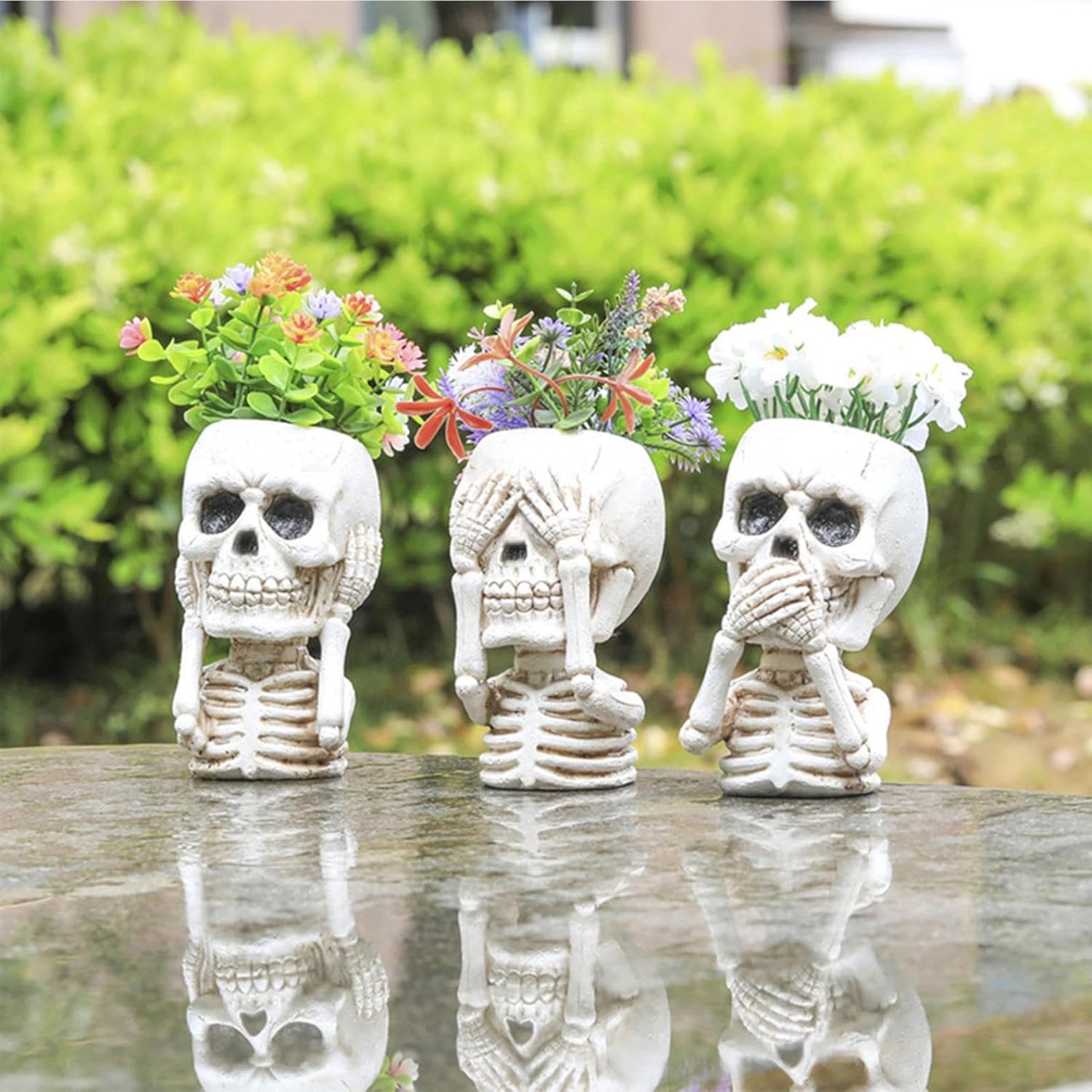 JOYO Halloween Planter Pot Decor - Skeleton Flower Planter Pot,Pumpkin Bucket Vase,Cute Skull Bucket Vase,Skull Candy Bowl Gothic Ornaments for Home Indoor Outdoor Garden (3PC Cute Skull)