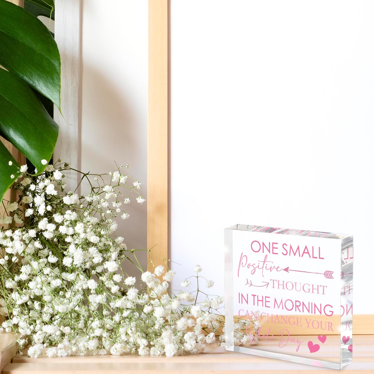 One Small Positive Thought in the Morning Can Change Your Whole Day Acrylic Sign - 4x4 Inch Pink Letters Motivational Desktop Decor, Small Morning Motivational Decor for Desks and Offices image 3