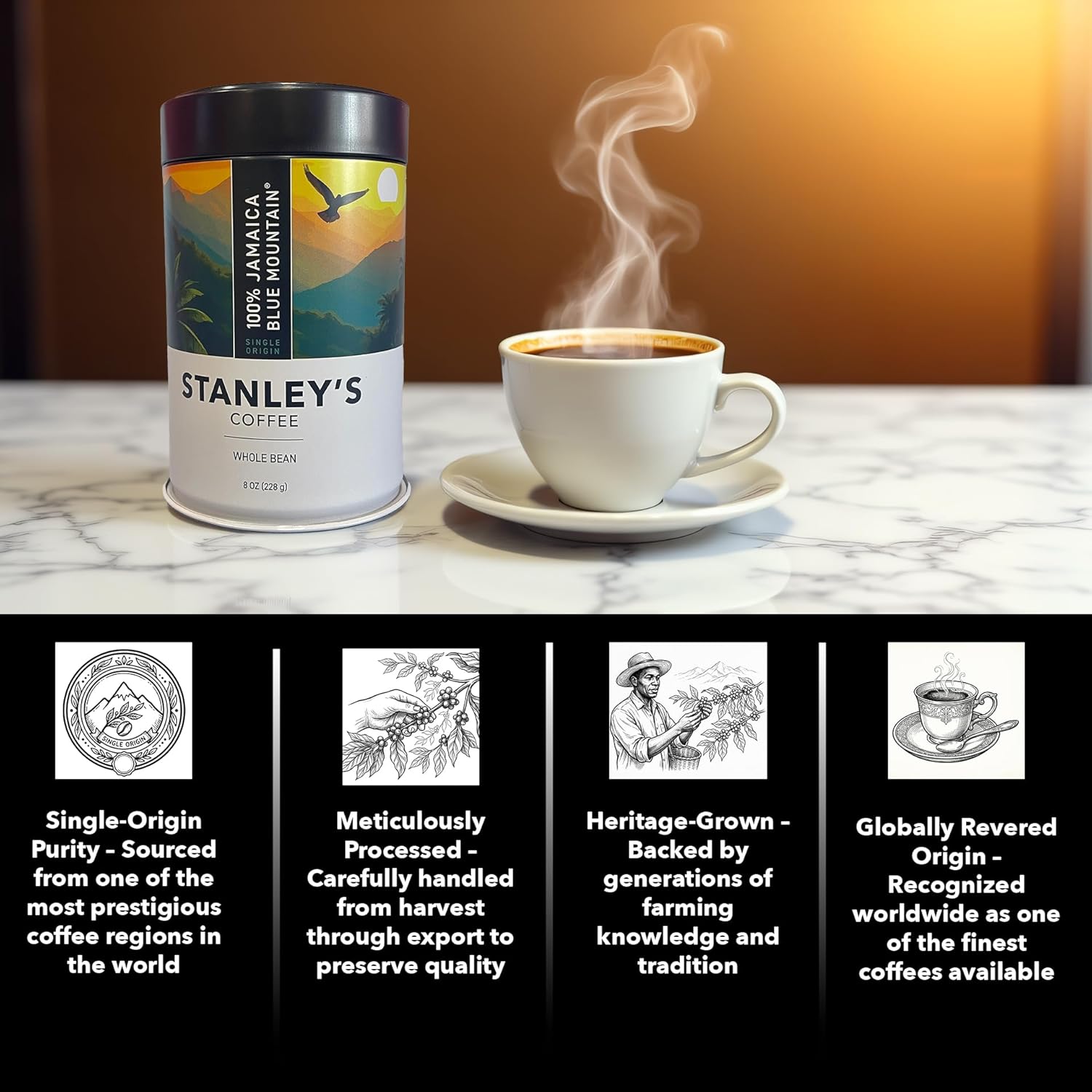 Stanley's Coffee - 100% Jamaica Blue Mountain Coffee, Authentic Whole Bean, Medium Roast, Certified Single Origin Gourmet Jamaican Coffee Beans, Premium Gift for Coffee Lovers, 8oz