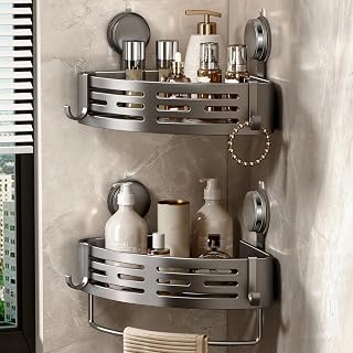 Voldra Duschablage Ohne Bohren, Duschregal Ecke Saugnapf Badezimmer Regal Wand Duschkorb mit Handtuchhalter Eckregal Bad Ablage Dusche Metall Regal Duschkorb Ohne Bohren(2 Stück, Grau)