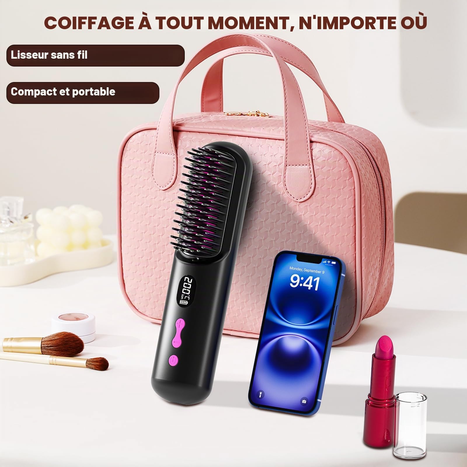 Brosse Lissante Sans Fil 9600mAh, Brosse Chauffante Cheveux Court