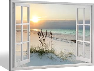 Sea Whisper Beach Window Art Wall Decor: 30x45 Inch Ocean Artwork Coastal Picture Seascape Painting Print for Living Room