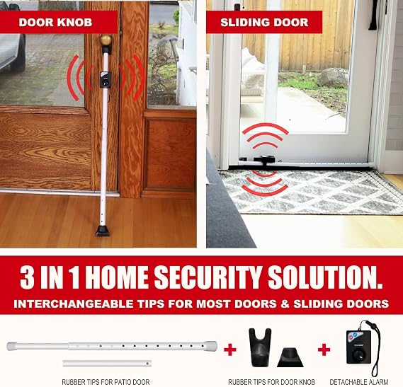 Securityman Door Security Bar with Alarm (Detachable) - 120dB Siren Door Stopper Alarm - Adjustable Jammer & Patio Bar - Strong, Withstands 400lbs - Home Protection