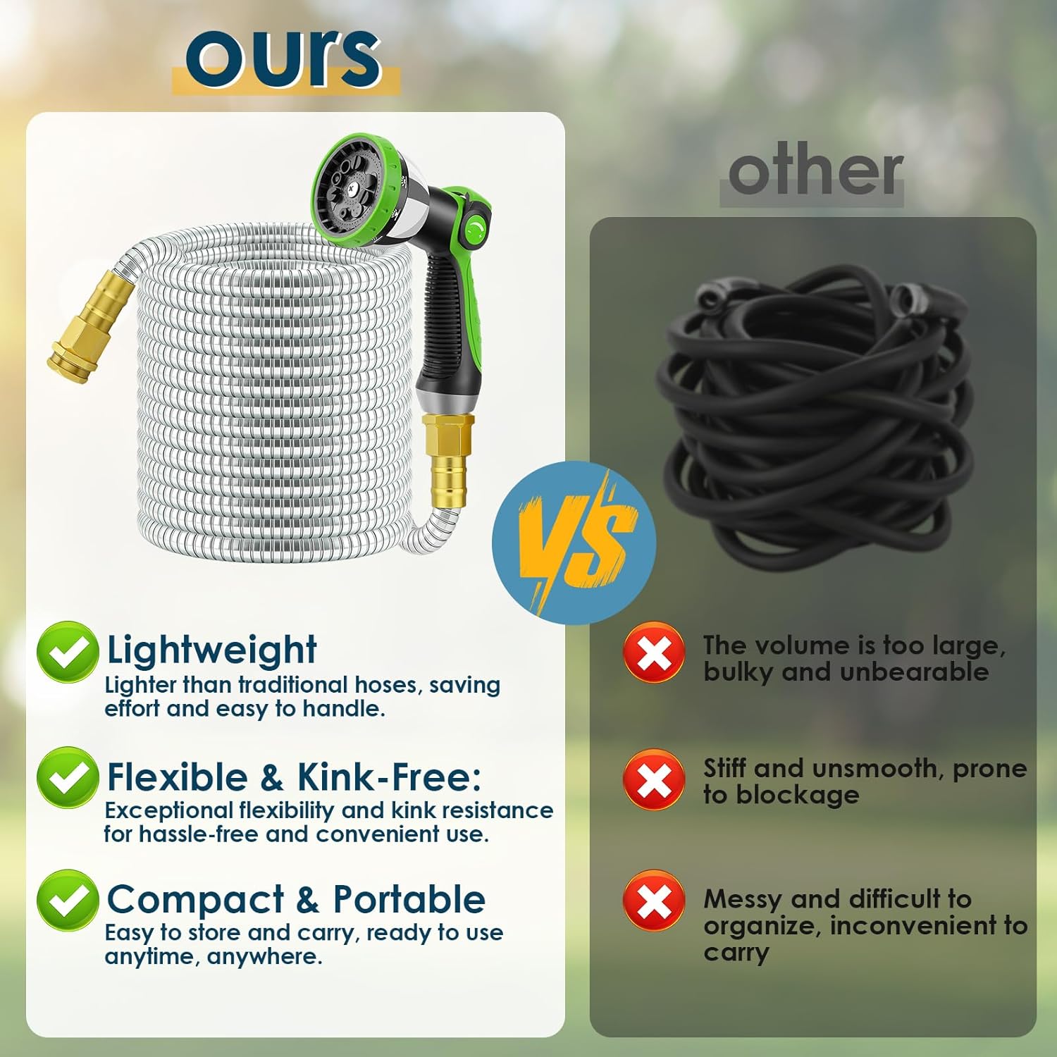 50 FT Stainless Steel Garden Hose with 10-Function Spray Nozzle, Kink-Free Flexible Metal Water Hose, Solid Brass 3/4'' Connectors, Heavy Duty, Durable, Leak-Proof, Lightweight, Tangle-Free