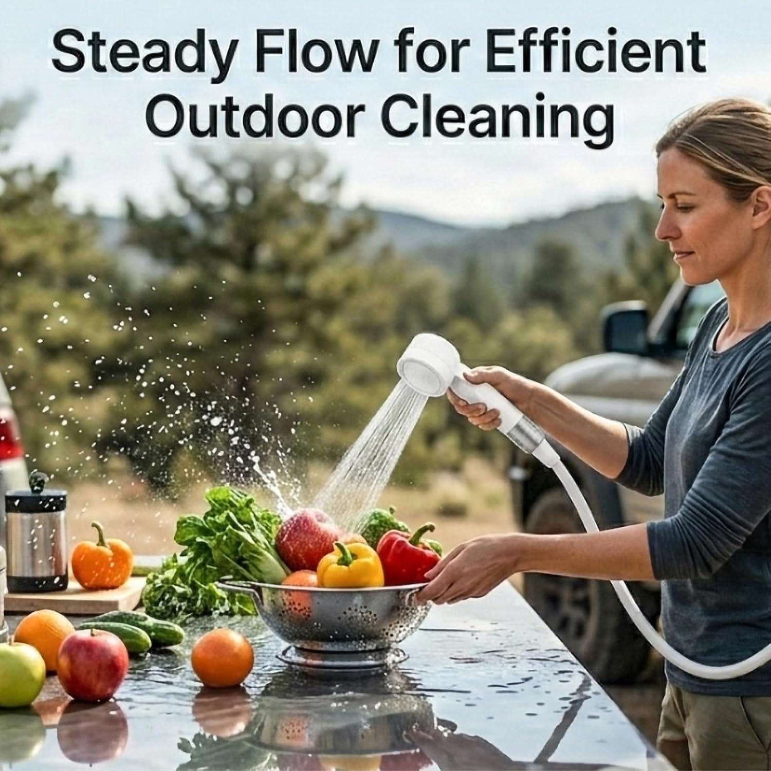 Portable Camping Shower Kit, Rechargeable Electric Outdoor Shower Pump with Folding Bucket, Intelligent LED Display, 3 Spray Modes, IPX7 Waterproof Outdoor Camp Pump for Hiking, Travel, Car, Pet