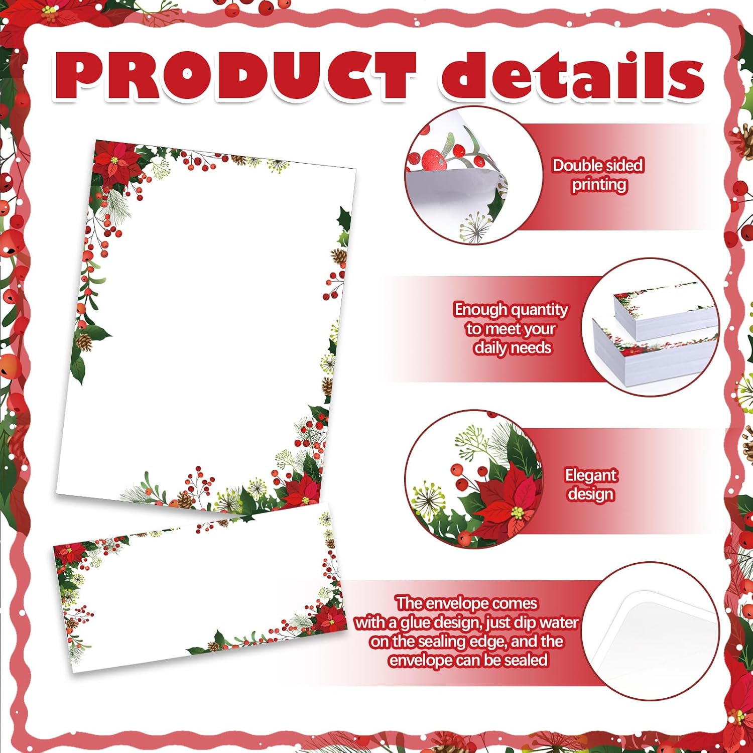 80 Sets Christmas Stationery Paper With Envelope Xmas Holiday Paper Poinsettia Red Berries Letterhead for Letter Writing Greeting Card Invitation, Not for Printers image 3