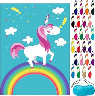 MISS FANTASY Pin The Tail Party Games - 24 Reusable Horns - Unicorn Party Supplies, 21'' X 28'' Pin The Tail On The Unicorn Birthday Gift, Pin The Horn On The Unicorn Kids Birthday Party Game