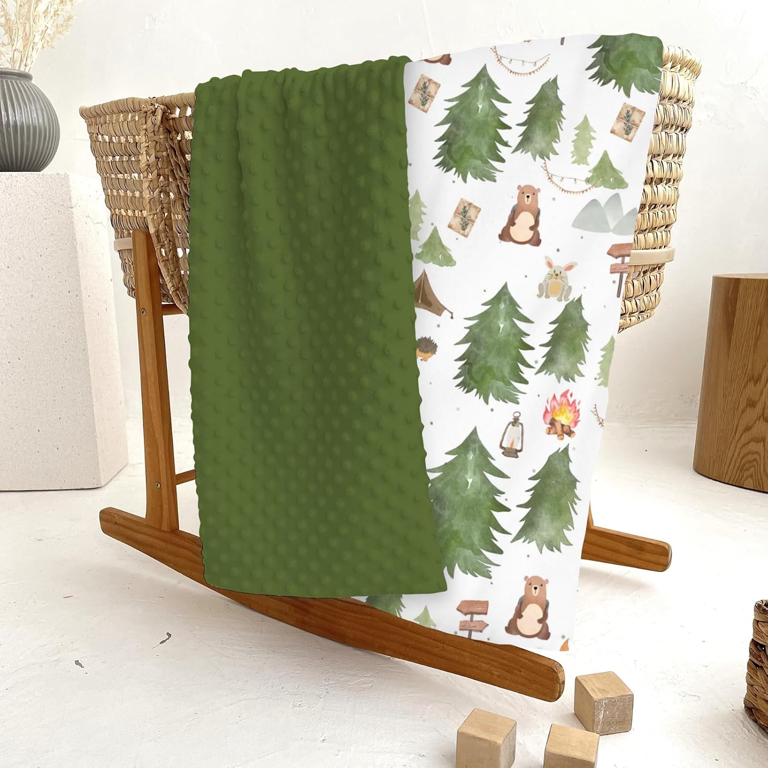 Camping Animals Baby Blankets for Girl Boy Bear Bunny Hedgehog Green Trees Soft Mink Dotted Backing Double Layer Swaddle Blanket for Toddler Nursery Wildlife Adventure Bed Blanket Crib 30x40