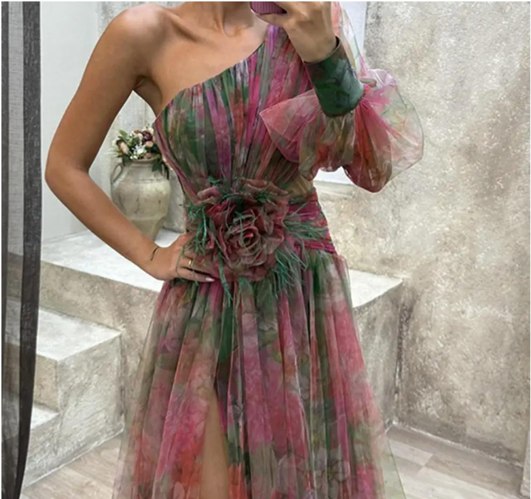 Vestidos Vestir Niña De Noche para Mujer Vestido De Baile con Dobladillo Dividido Y Malla Rosa con Estampado De Flores Tie-Dye En Capas Y Un Hombro