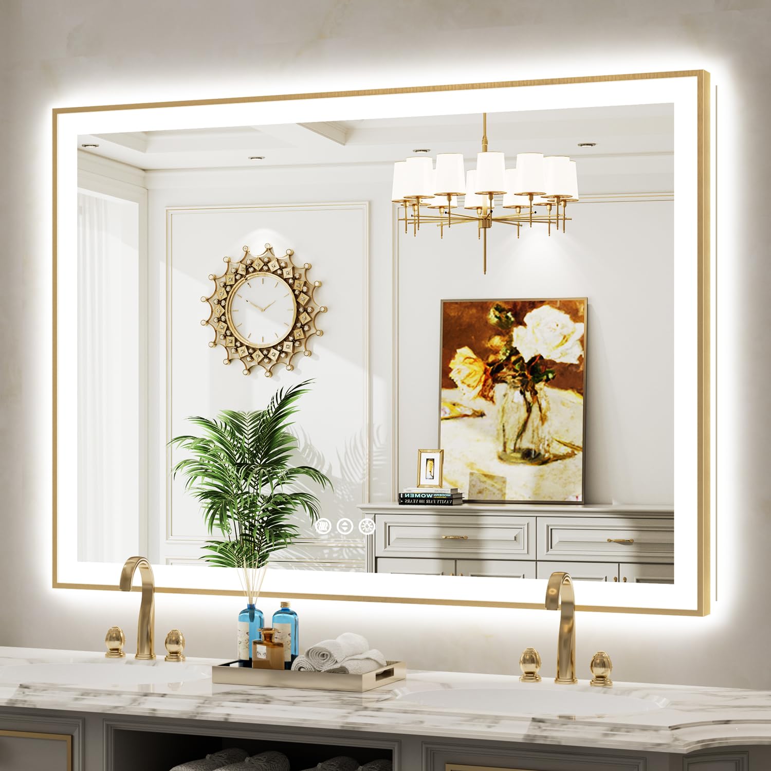 55x40 LED Bathroom Mirror with Lights, Gold Framed Lighted Mirror