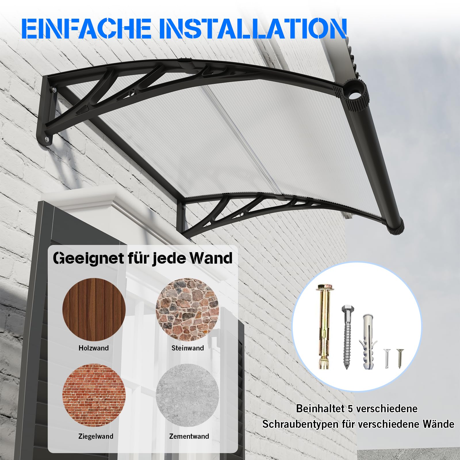 Vordach für Haustür, 200x100cm Fenstervordach mit separater Entwässerung, Polycarbonat Pultvordach Überdachung für UV-, Regen- und Schneeschutz – Ideal für Veranda