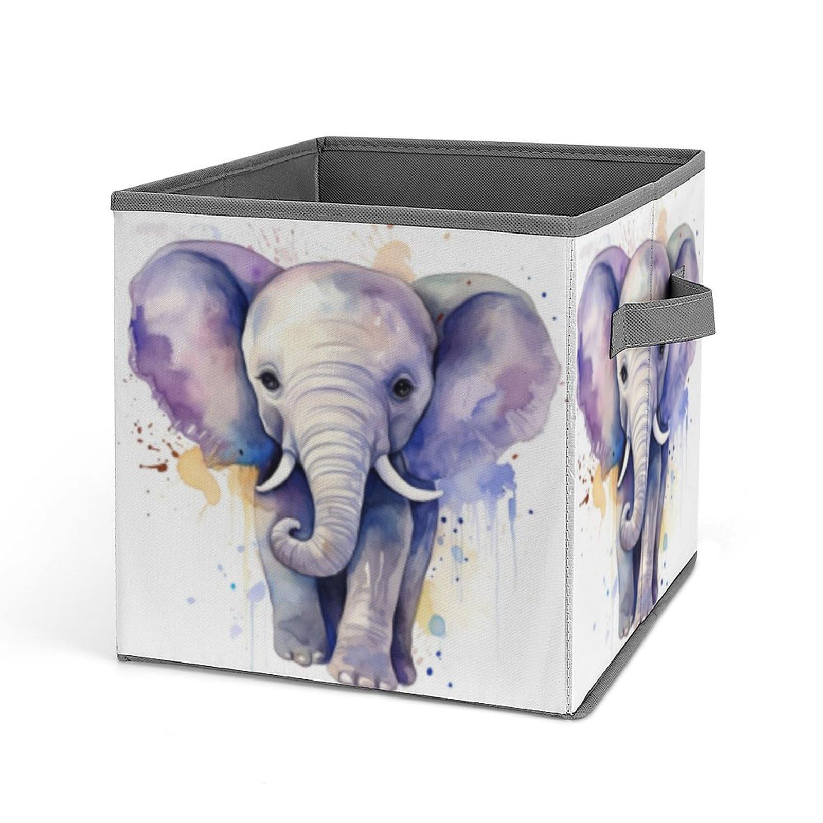JTREHY Cute Elephant Watercolor Printed Foldable Storage Box, 10.6 Inches Fabric Storage Box for Wardrobe, Bedroom, Utility Room
