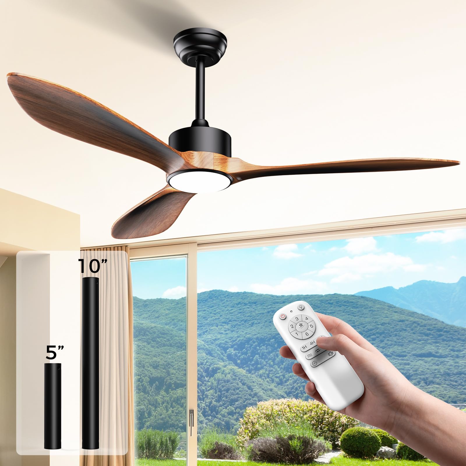 52’’Ceiling Fan with Light, 3 Solid Wood Blades, 3-Color Light 6-Speed Outdoor/Indoor Ceiling Fan for Bedroom,Living Room,Patio,Porch,Farmhouse,Reversible Silent DC Motor, Dark Walnut