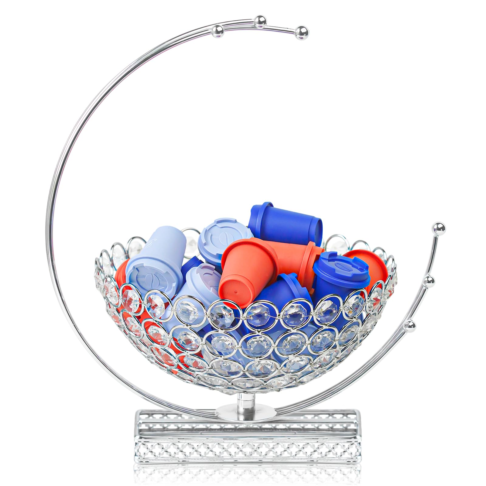 Metal &amp; Crystal Coffee Pod Holder &amp; Candy Basket - Elegant Multipurpose Storage Organizer for K Cups, Espresso Pods, Treats - Kitchen, Office, Home Bar (Silver, 1 PC)