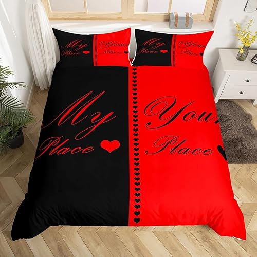Juego de funda de edredón para parejas, color rojo y negro, juego de ropa de cama de microfibra ultra suave, funda de edredón My Place Your Place,