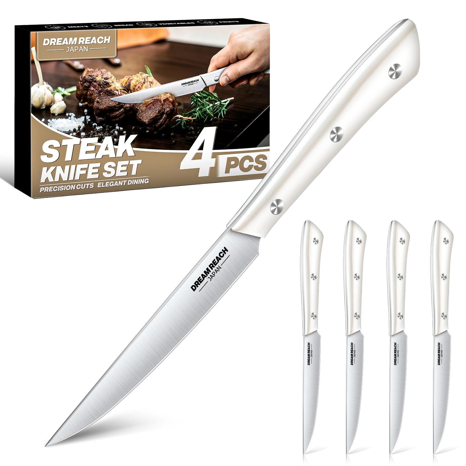Dream Reach Steakmesser Set 4-Teilig, Extra Scharfes Steakbesteck aus Hochwertige Edelstahl, Full Tang Steak Messer, Spülmaschinengeeignet Geschenke für Papa und Mama