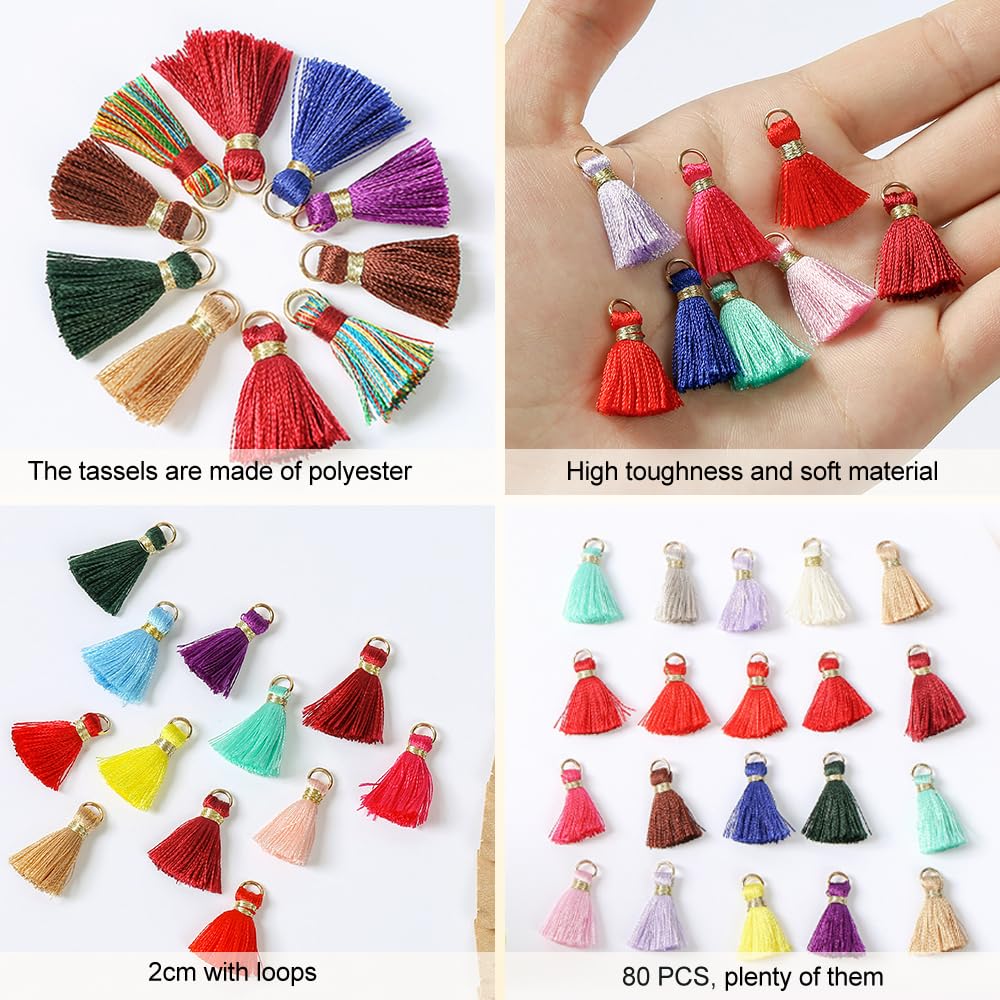 GIDWRIY 80 stuks kleurrijke kwastjes, klein, 2 cm, mini-hangers, decoratieve kwasten voor tassen, kwastjes voor modesieraden, kwastjes voor halskettingen, kwasten voor bladwijzers, kwasten voor
