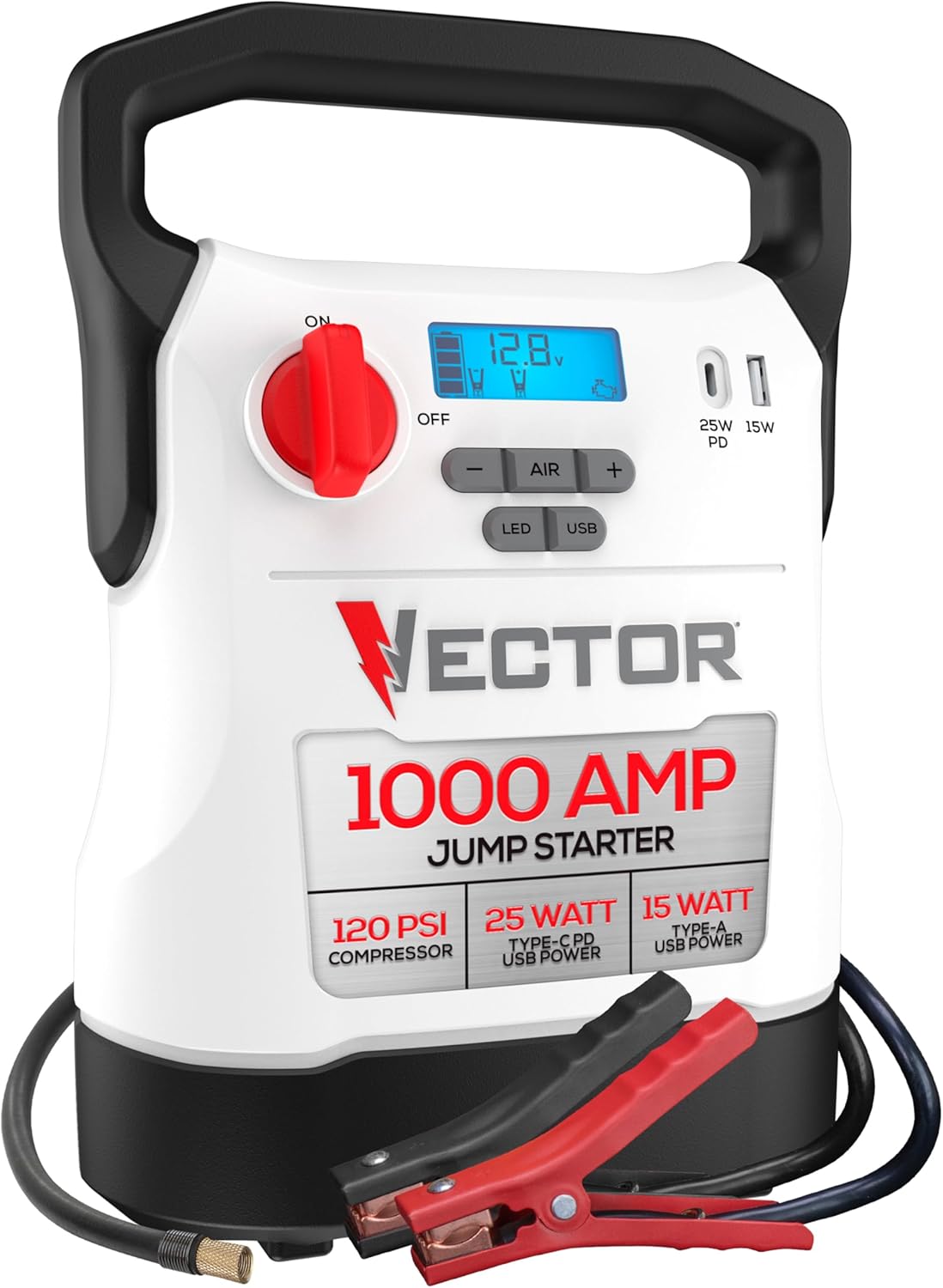 Vector VECJ1C 1000 Peak Amp Jump Starter with 120 PSI Compressor & USB-C & USB-A Power