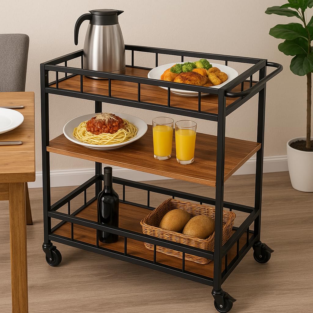3-Tier Kitchen Serving Trolley for Dining Room, Rolling Utility Food Serving Cart with Locking Wheels, Metal Frame & Wooden Shelves, Kitchen Storage and Bar Cart for Home & Restaurant-image-21