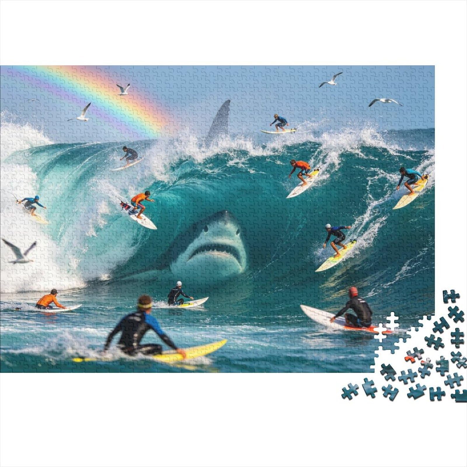 Big Wave Surf Jigsaw Puzzle 1000Pc Recycled Paper Dangerous Shark Puzzles for Adults Fun And Challenging Family Game Holiday Blessings Gift for Men 70x50cm/1000pcs