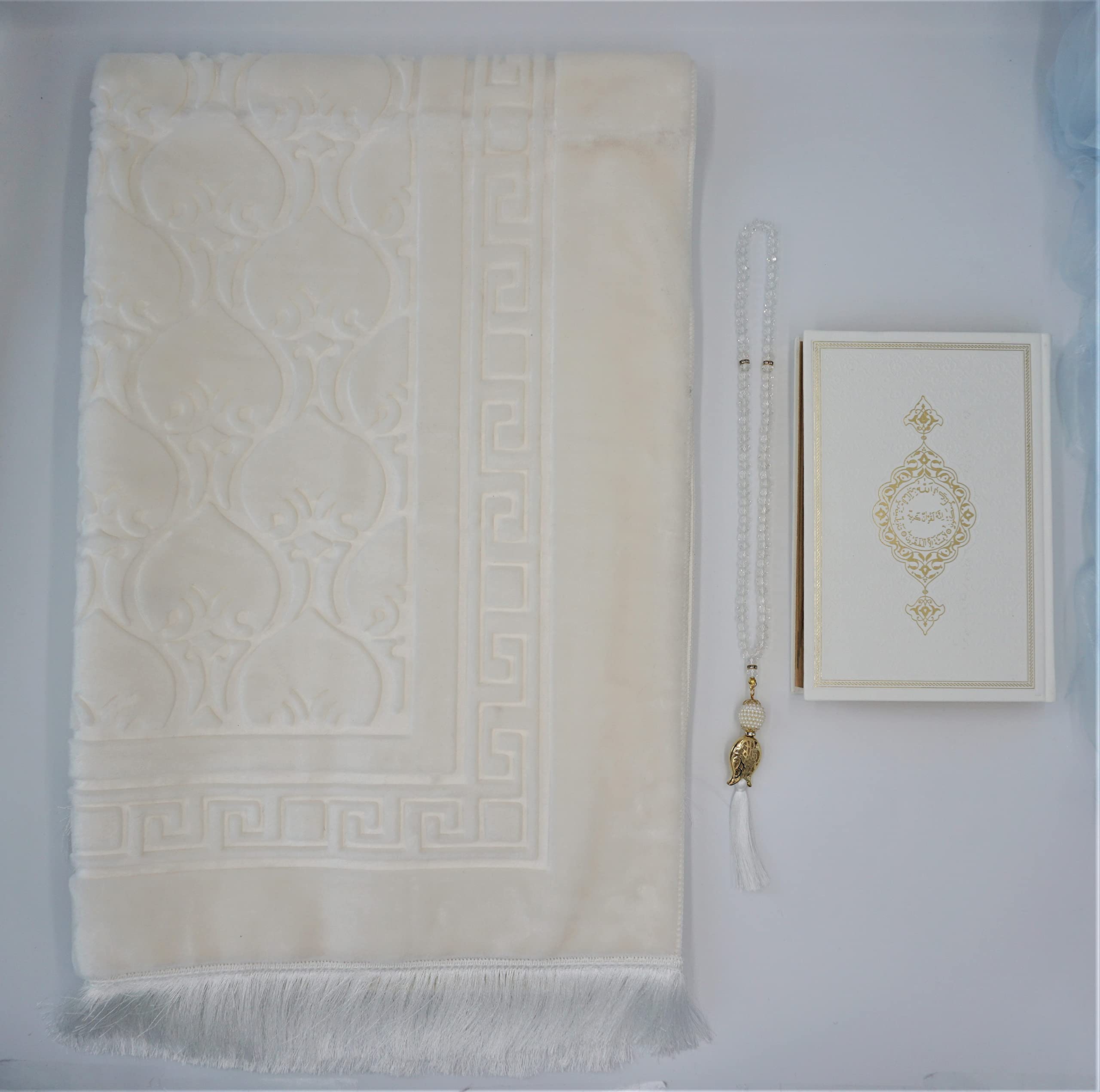 Tapis de prière blanc de luxe avec Seccade velours grand format et Quran
