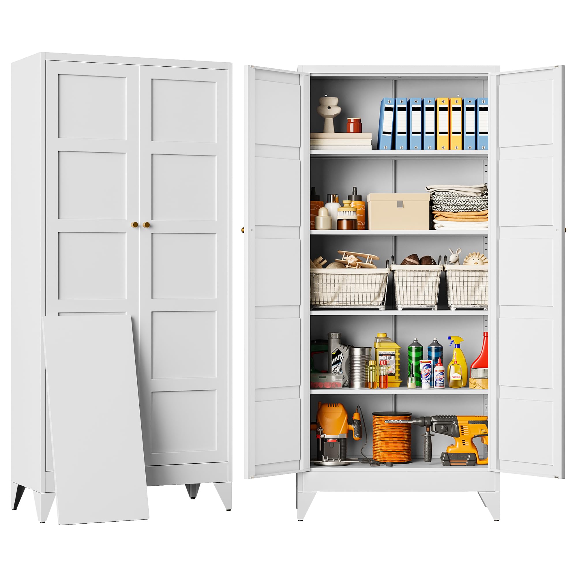 Metal Storages Cabinet with 2 Doors and 5 Shelves,Tall Storage Cabinet,Large Cupboard Closet,Pantry Storage Cabinet for Home,Office,Bathroom,Dining/