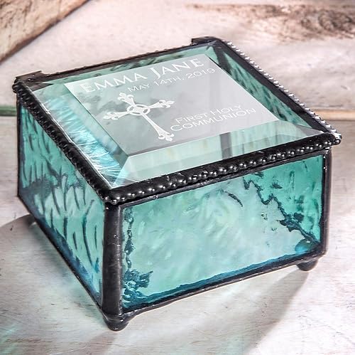 Regalo de primera comunión para niñas personalizado, caja de joyería de recuerdo azul de cristal inoxidable J Devlin Box 898 EB220