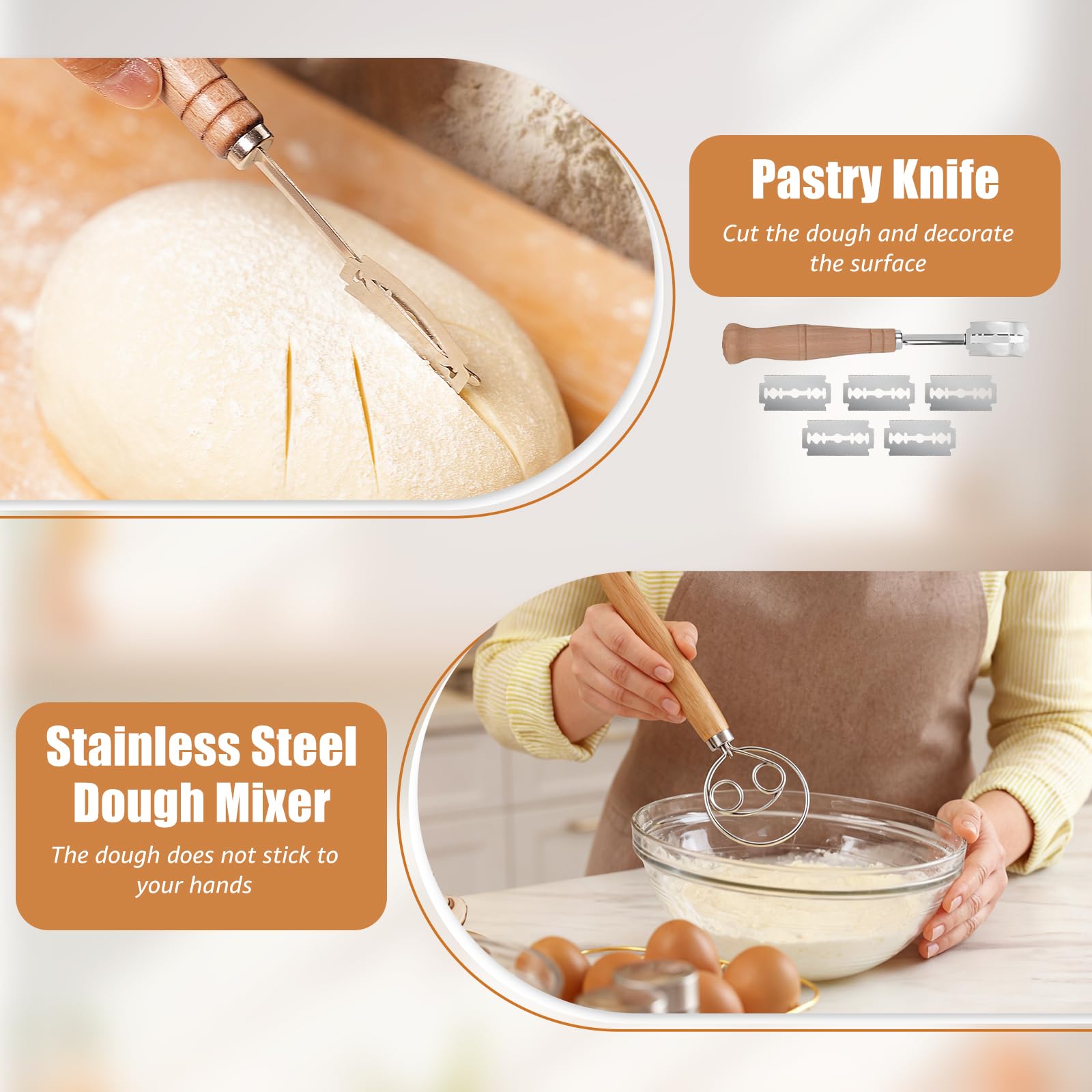 Cestino Lievitazione Pane 11 Pezzi Set, Cestino per Lievitazione Rotondi e Ovali, Frusta per Impasto, Lame per Pane, Raschietto per Impasto, Accessori per Panificazionea, Ideale per e Pasta Madre