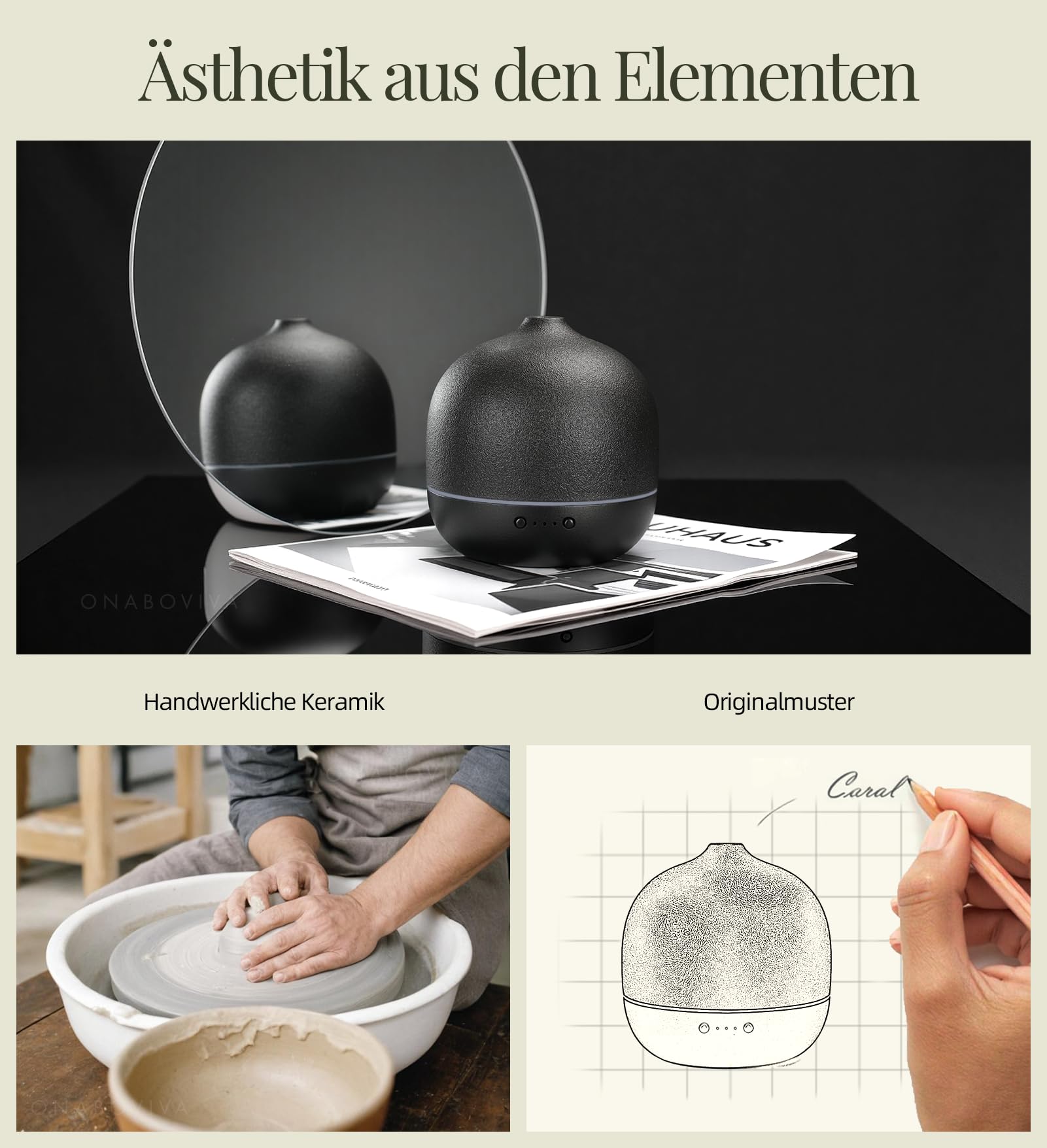 Diffusore di aromi: diffusore di oli essenziali a ultrasuoni da 2,4 MHz, in ceramica, con umidificatore, spegnimento automatico, senza BPA, silenzioso, ideale per camera da letto, ufficio, yoga, spa e