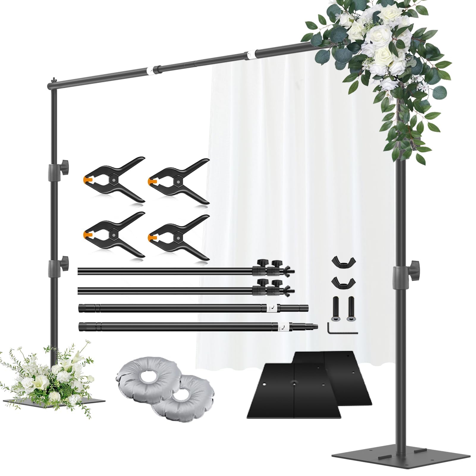 Backdrop Stand Heavy Duty, 2m x 3m Adjustable Background Frame with Metal Base, Pipe and Drape Support Kit for Photo Booth Video Studio Decoration Wedding Birthday Party Events