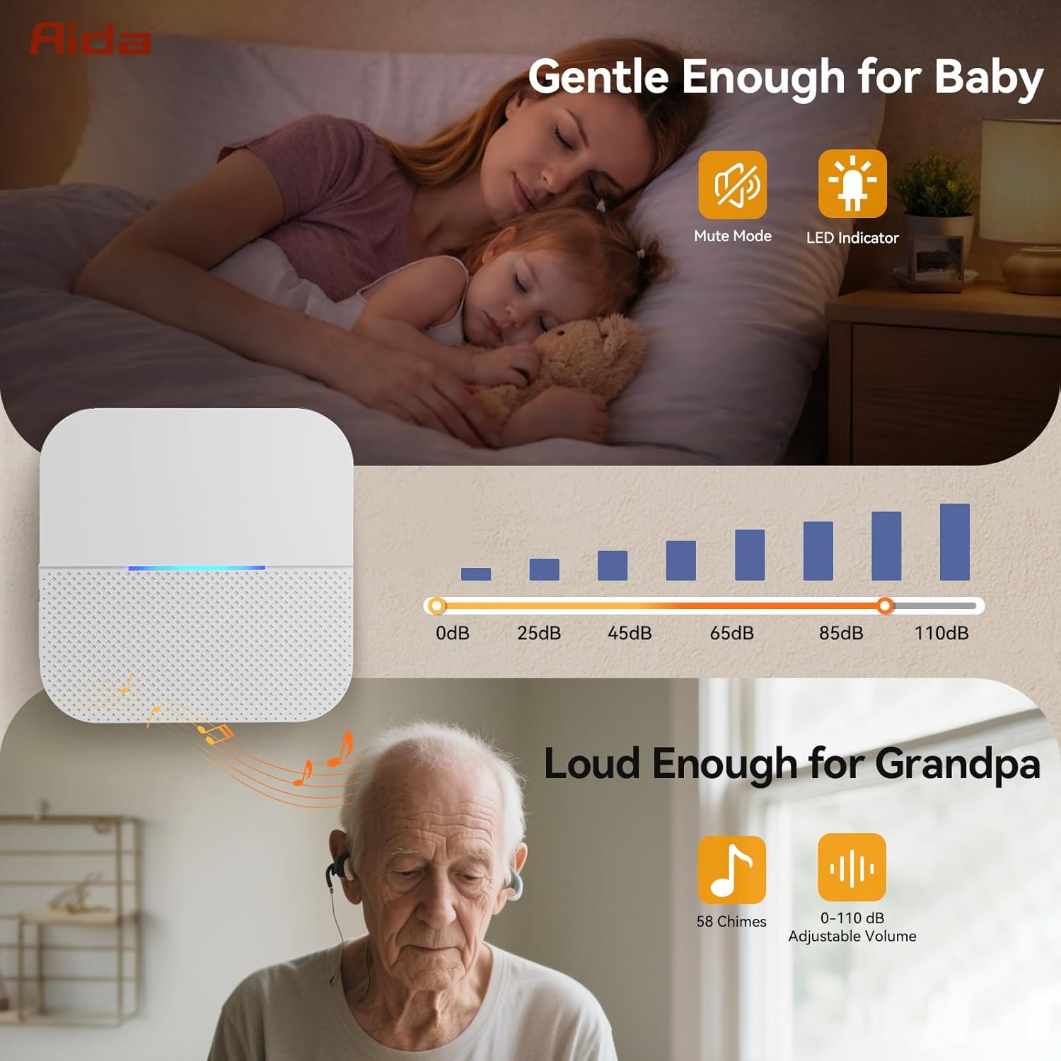 AIDA Door Alarms When Opened Wireless Ring Chime Sensor Alarm for Business/Home/Kids - 600ft Range, 58 Ringtones, 5 Volume Levels, Open Alert, Easy Install (1 Receiver + 3 Sensor)