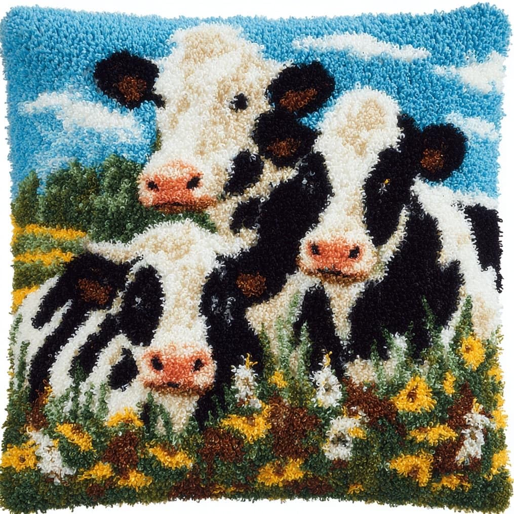 AxiangziK Latch Hook Pillow Kit for Adults,Cows and Flowers