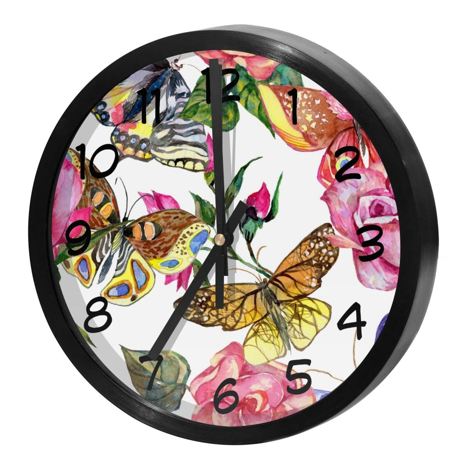 Horloge murale silencieuse à quartz à piles avec motif fleur aquarelle ronde