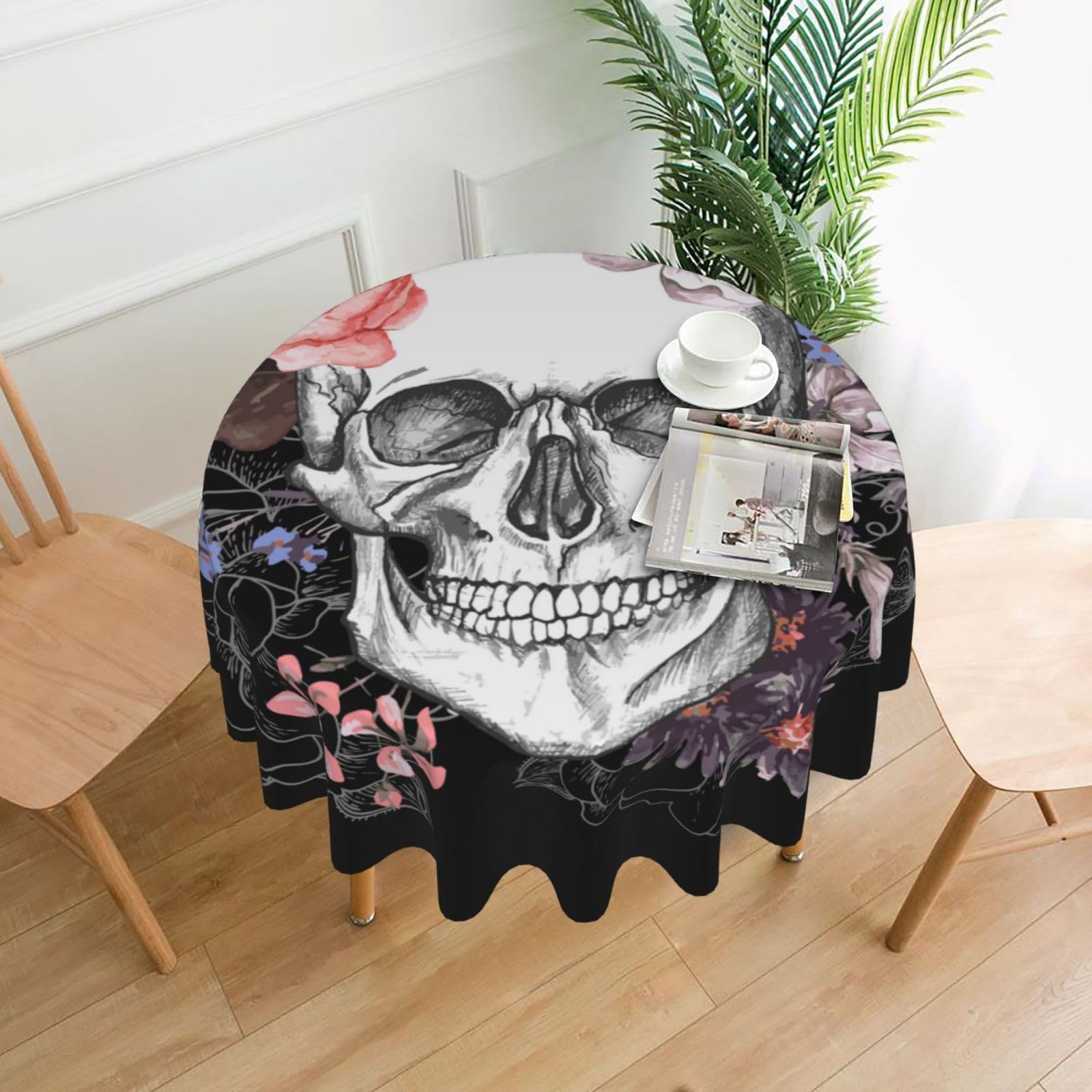 Gearsly Round Tablecloths For Circular Table 150cm,Sugar Skull Roses Flowers Wrinkle Water Stain Resistant Polyester Table Cloth, Home Dinning Kitchen Party Picnic Table Cover 60"
