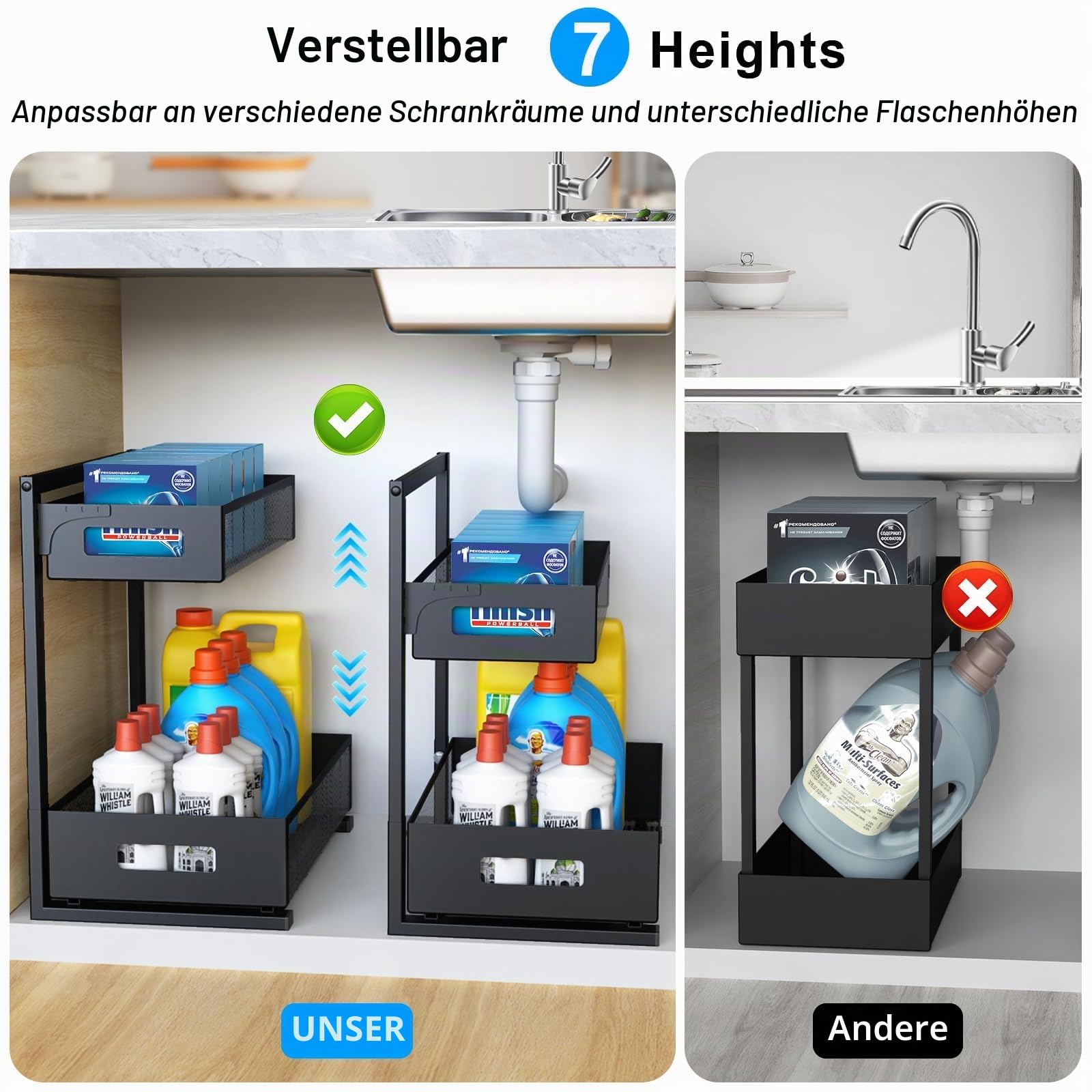 Petiza Organizer für unter der Spüle, ausziehbarer Schrank, Organizer, verstellbare Höhe, 2 Ebenen, Badezimmer-Organizer mit verschiebbaren Schubladen, Küchen-Organizer und Aufbewahrung,