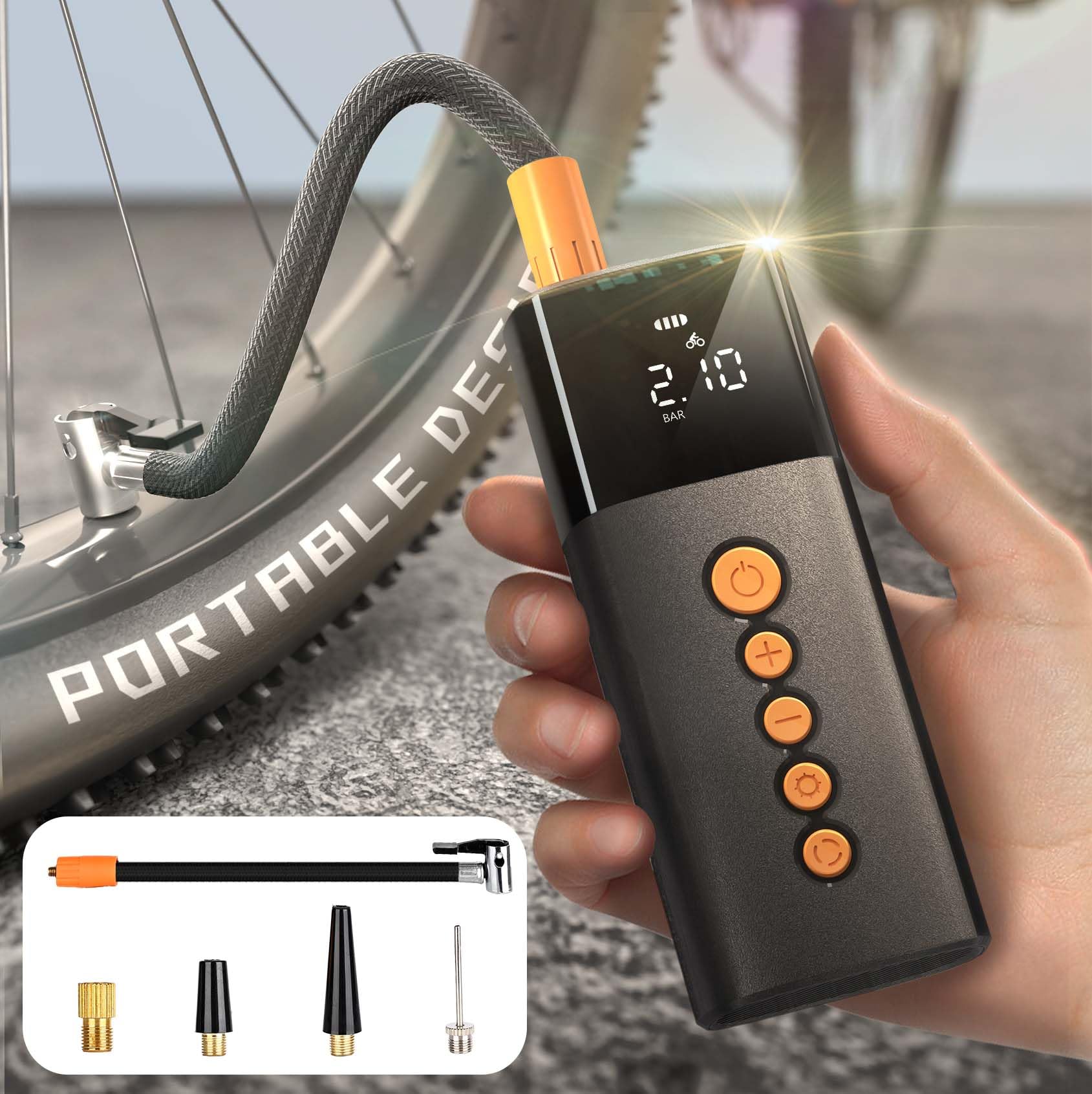 Bike Air Pump,Electric Mini Bike Tire Inflator,150 PSI Portable Pressure with Digital Pressure Gauge,Motorcycles,Road Bike,E-Bike,Ball,Versatile Valve and Auto Shut Off (Orange)