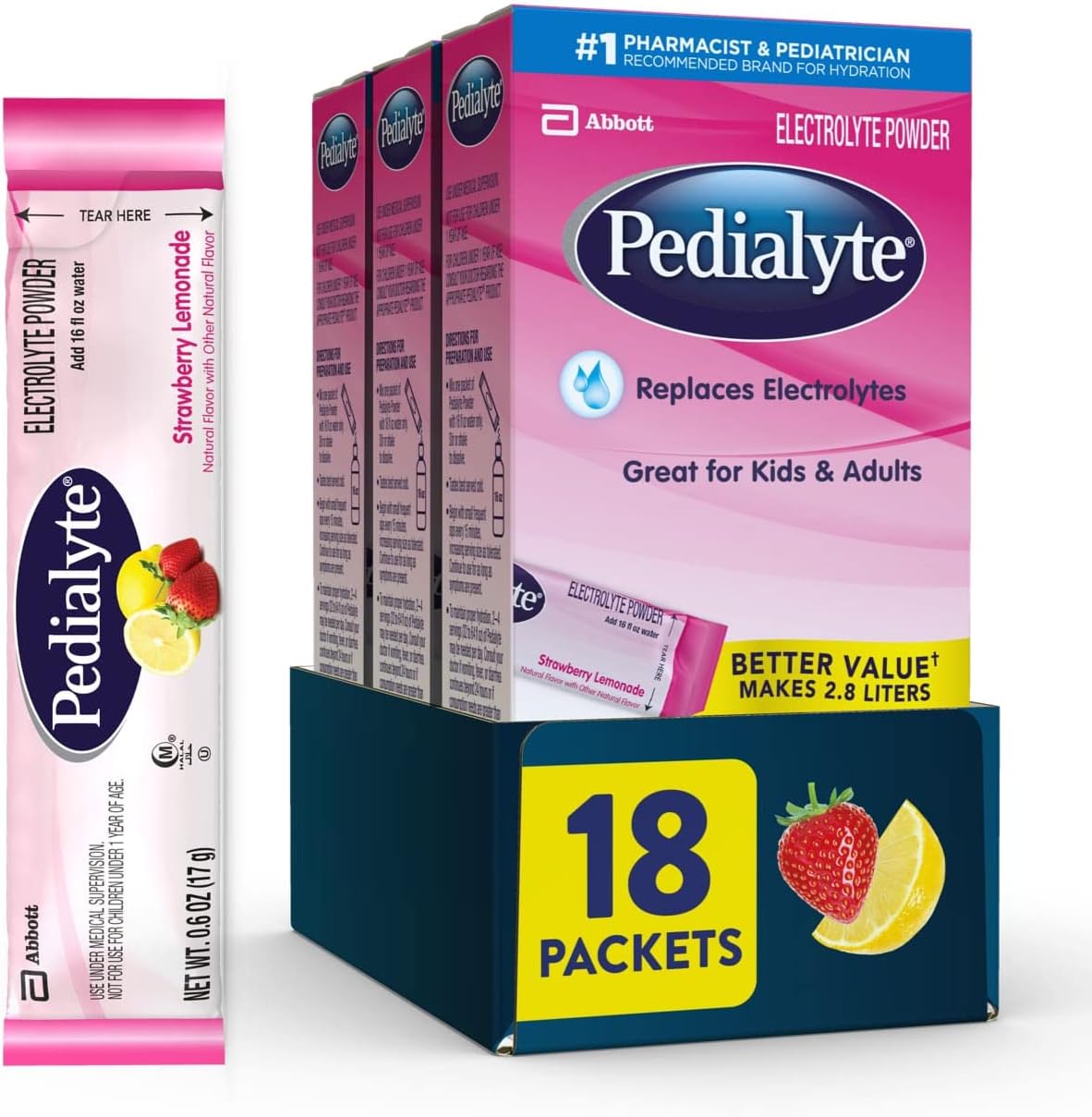 Pedialyte Strawberry Lemonade Electrolyte Hydration Powder Packets