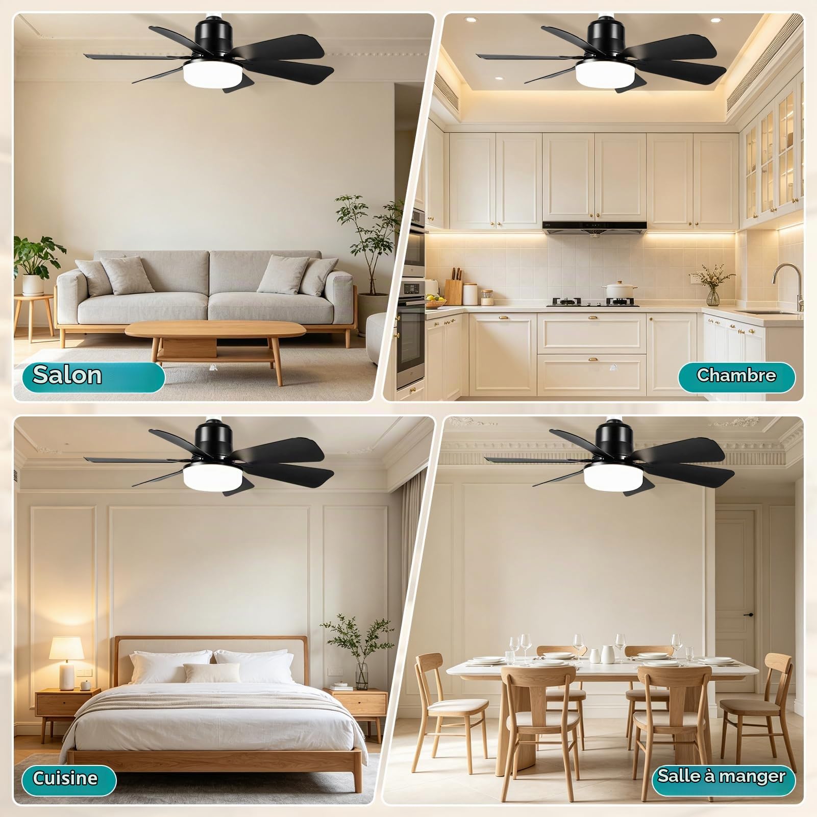 Ventilateurs de plafond avec lumières, ventilateur silencieux E27 Ø20,5 inch/53 cm, 6 pales, minuterie, 3 vitesses et changement couleur détachable pour chambre coucher salon cuisine salle bain garage