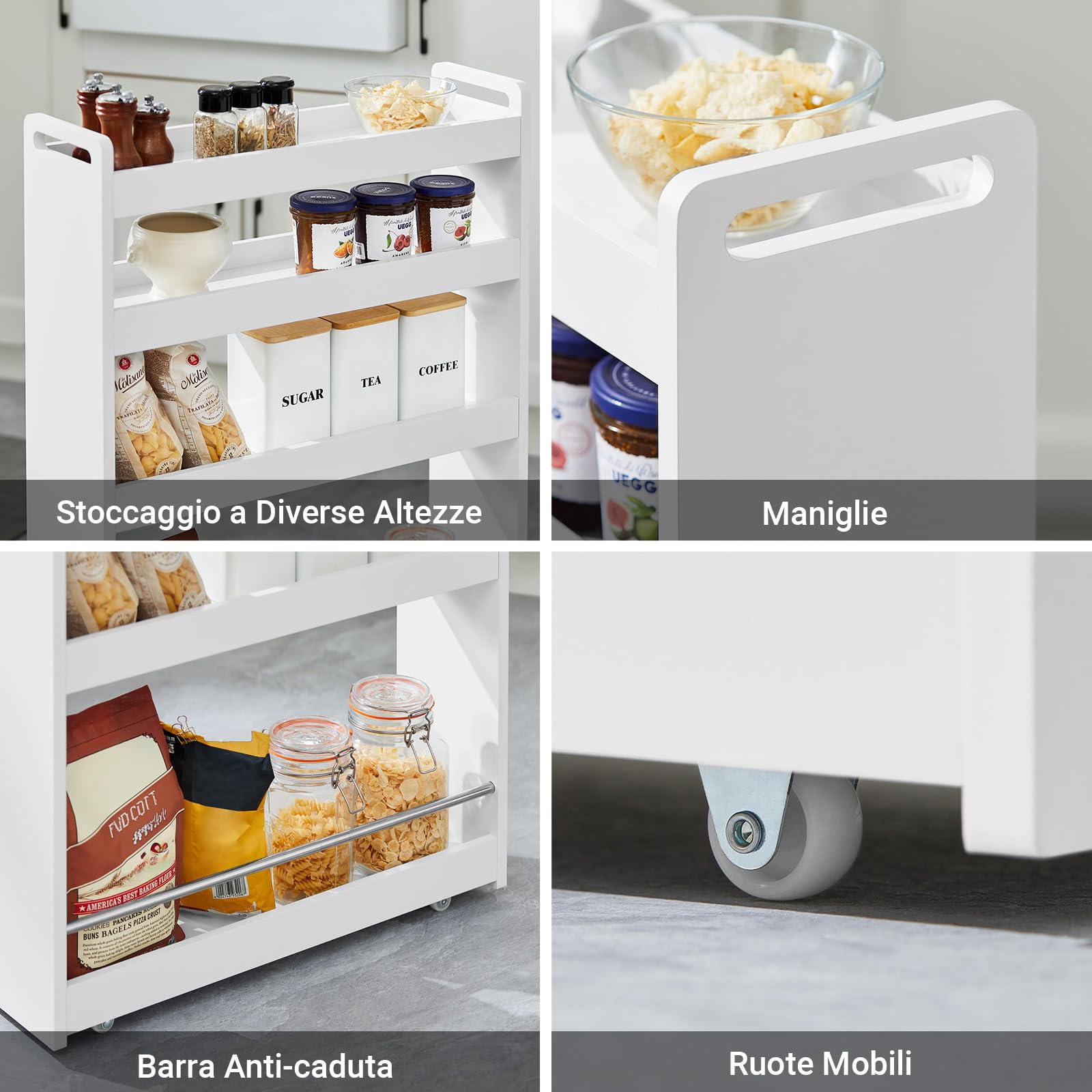 SoBuy Carrello Slim per Cucina e Bagno con 4 Ruote Scaffale Salvaspazio a 4 Ripiani con Aste Antiscivolo Unità di Stoccaggio per Cucina, Bagno, Forniture per Bellezza o Artigianato 60x18x82cm NSR01-W